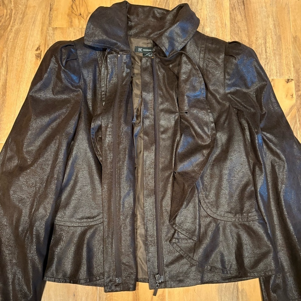 INC Women's Faux Leather Jacket L Ruffled Front Brown Short Coat Size Large - Picture 7 of 8